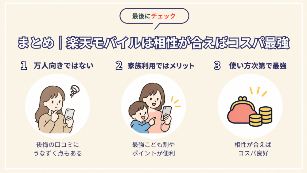 まとめ｜楽天モバイルは相性が合えばコスパ最強