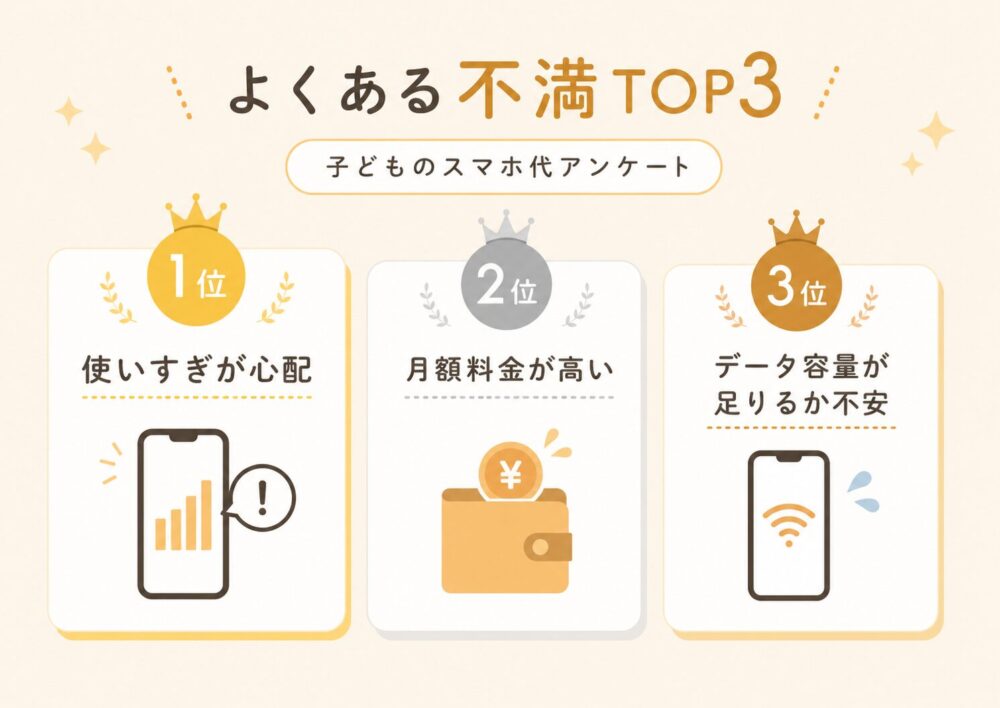 使いすぎ・月額料金・データ容量の不安が多い