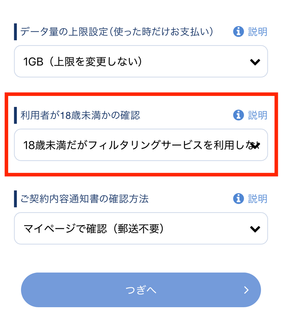 「18歳未満の利用者が使う」ことを入力画面で選択