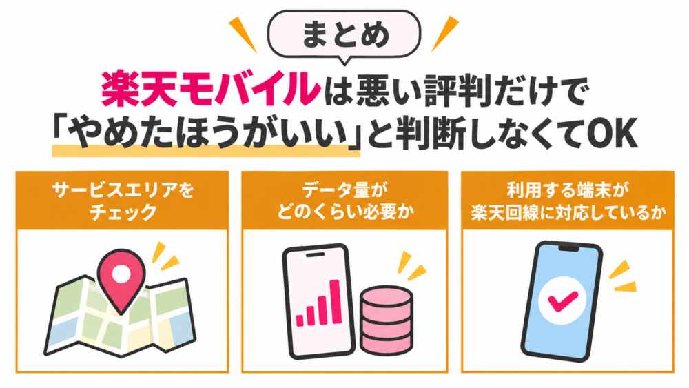 まとめ｜楽天モバイルは悪い評判だけで「やめたほうがいい」と判断しなくてOK