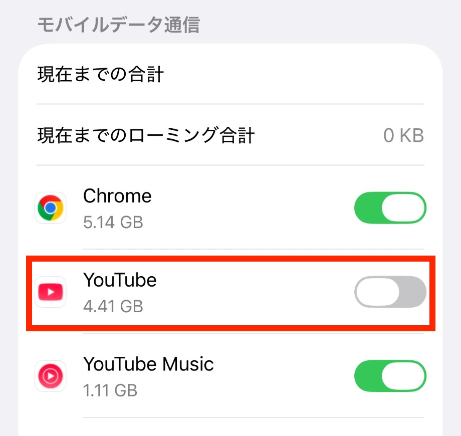 iPhoneのアプリごとのモバイルデータ通信の画面